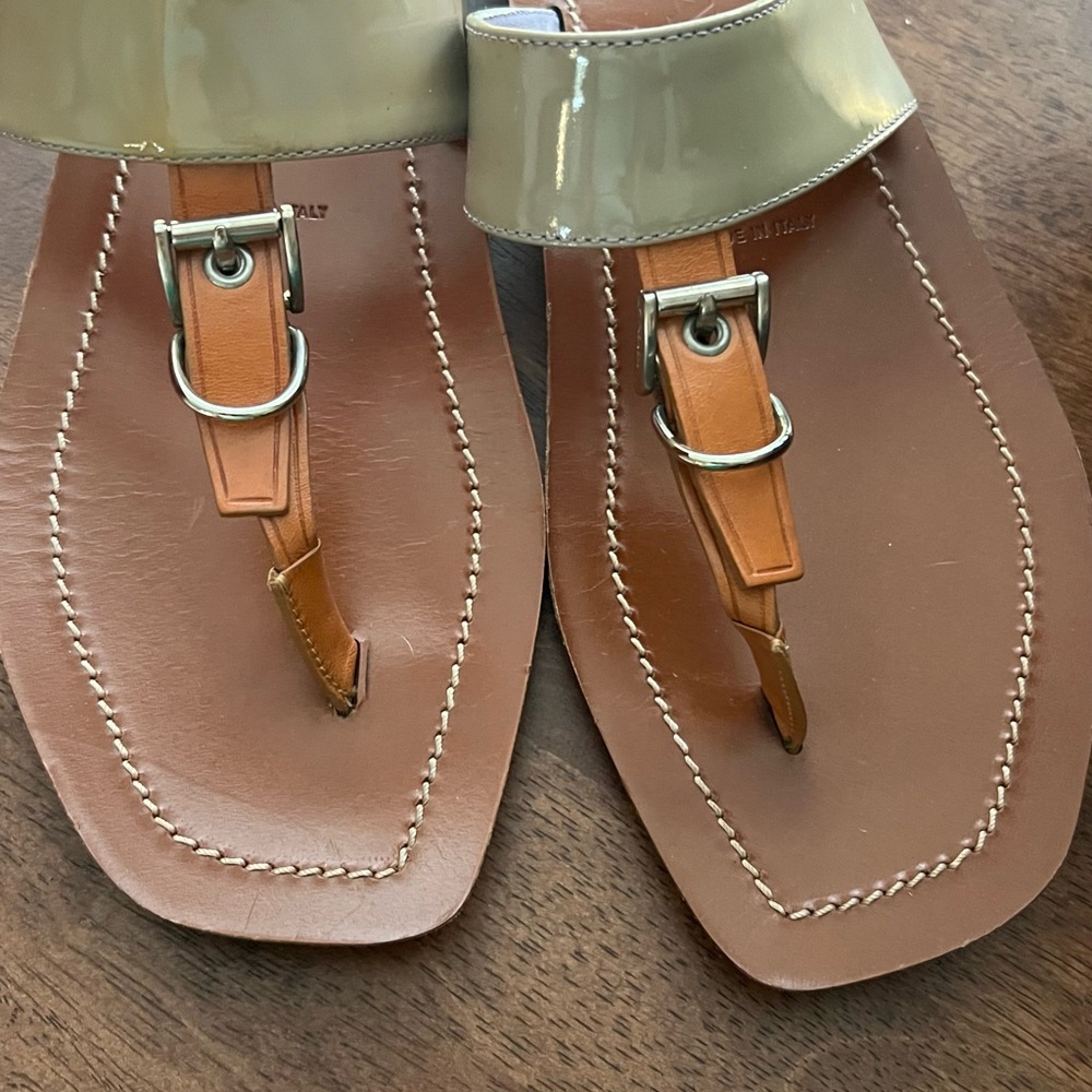Prada Tan and Cream Thong Sandals with Gold Buckle